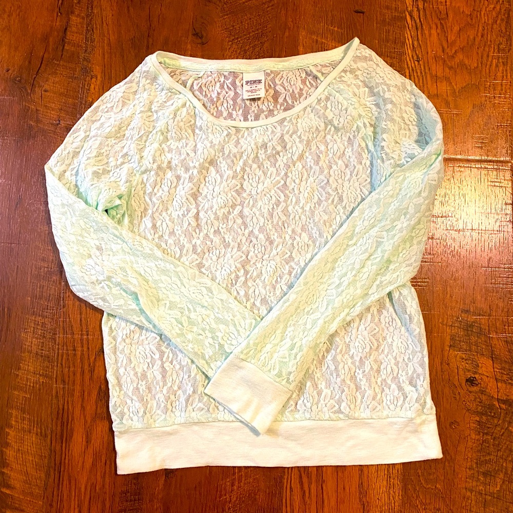 Like New Victoria’s Secret PINK Mint Green Lace Crew Top ♥️